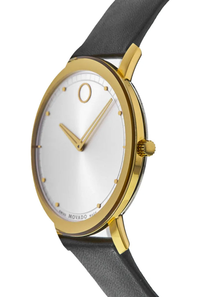 Movado TC Silver Dial Black Leather Strap Watch For Men - 606695
