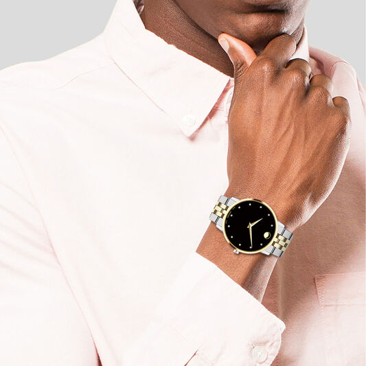 Movado Museum Classic Diamonds Black Dial Two Tone Steel Strap Watch For Men - 0606879