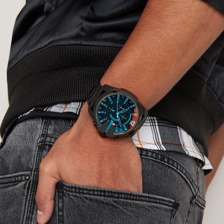 Diesel Mega Chief Chronograph Black Dial Black Steel Strap Watch For Men - DZ4318