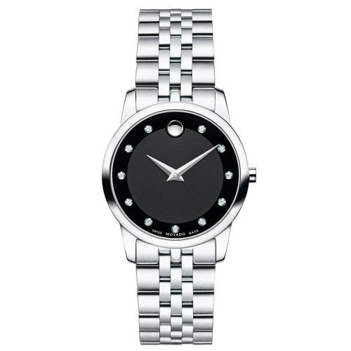 Movado Museum Classic Black Dial Silver Steel Strap Watch For Women - 0606858