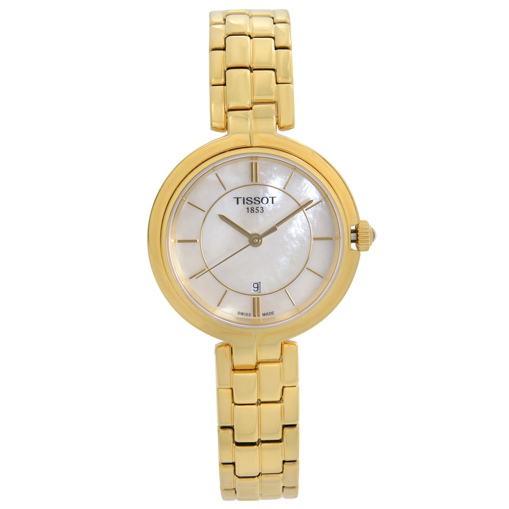 Tissot Flamingo Mother of Pearl White Dial Gold Steel Strap Watch For Women - T094.210.33.111.00