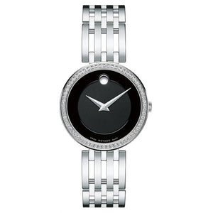 Movado Esperanza 63 Diamonds Black Dial Silver Steel Strap Watch For Women - 0607052