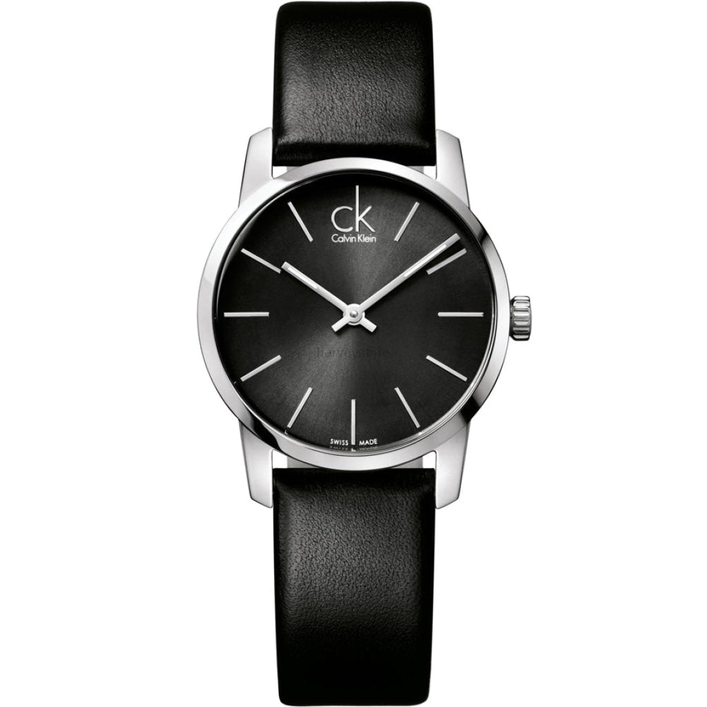 Calvin Klein City Black Dial Black Leather Strap Watch For Women - K2G23107