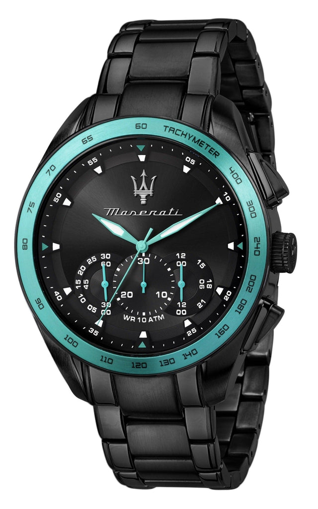 Maserati Traguardo Chronograph Aqua Edition Black Dial Black Steel Strap Watch For Men - R8873644002