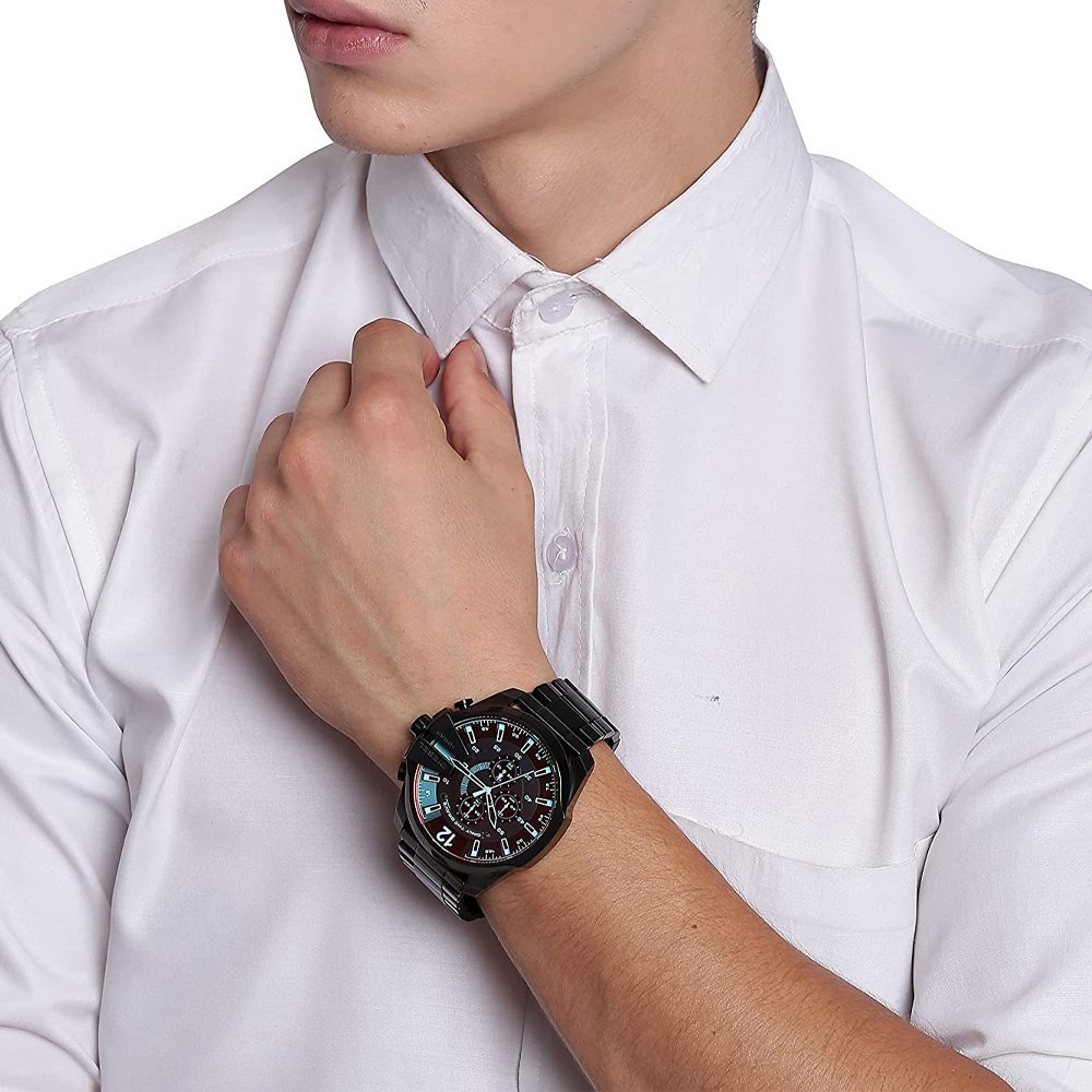 Diesel Mega Chief Chronograph Black Dial Black Steel Strap Watch For Men - DZ4318