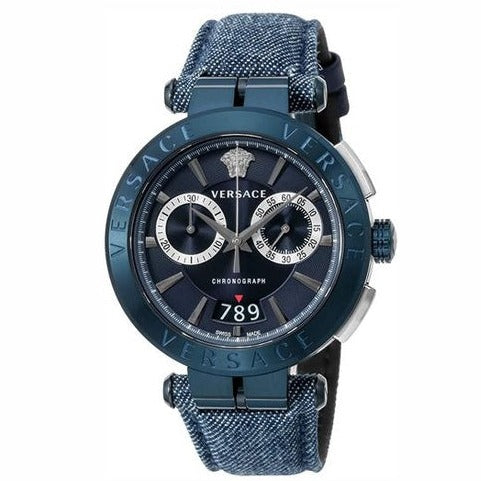 Versace Aion Chronograph Blue Dial Blue Leather Strap Watch for Men - VBR070017