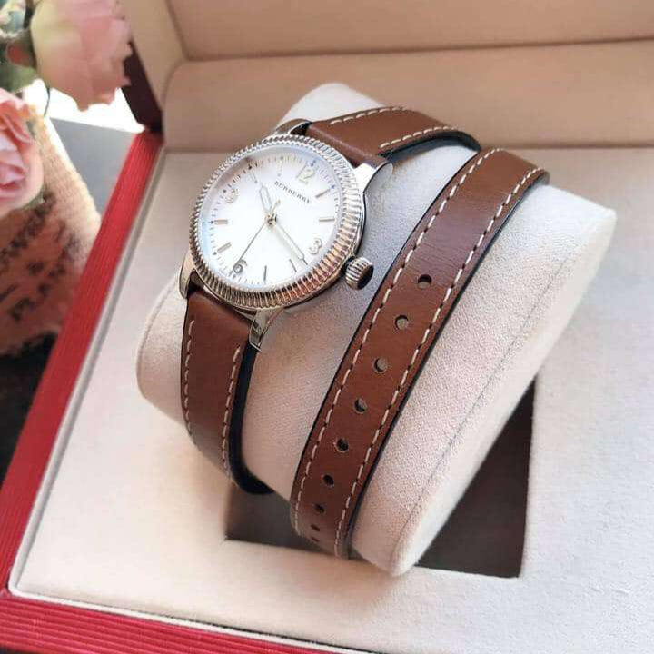 Burberry Utilitarian White Dial Brown Leather Strap Watch for Women - BU7848