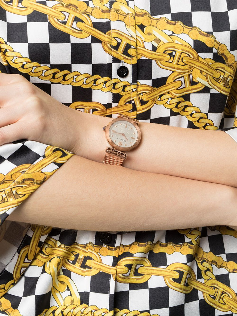 Versace Meander White Dial Rose Gold Mesh Bracelet Watch for Women - VELW00620