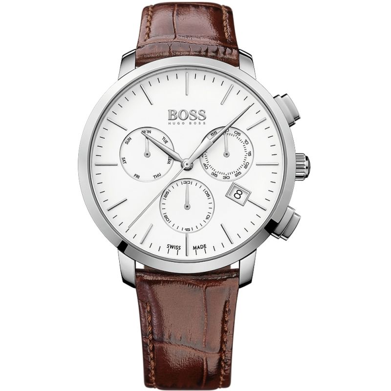 Hugo Boss Slim Chronograph White Dial Brown Leather Strap Watch For Men - 1513263