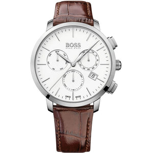 Hugo Boss Slim Chronograph White Dial Brown Leather Strap Watch For Men - 1513263