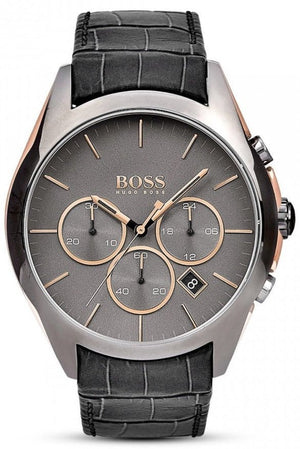 Hugo Boss Onyx Grey Dial Black Leather Strap Watch for Men - 1513366