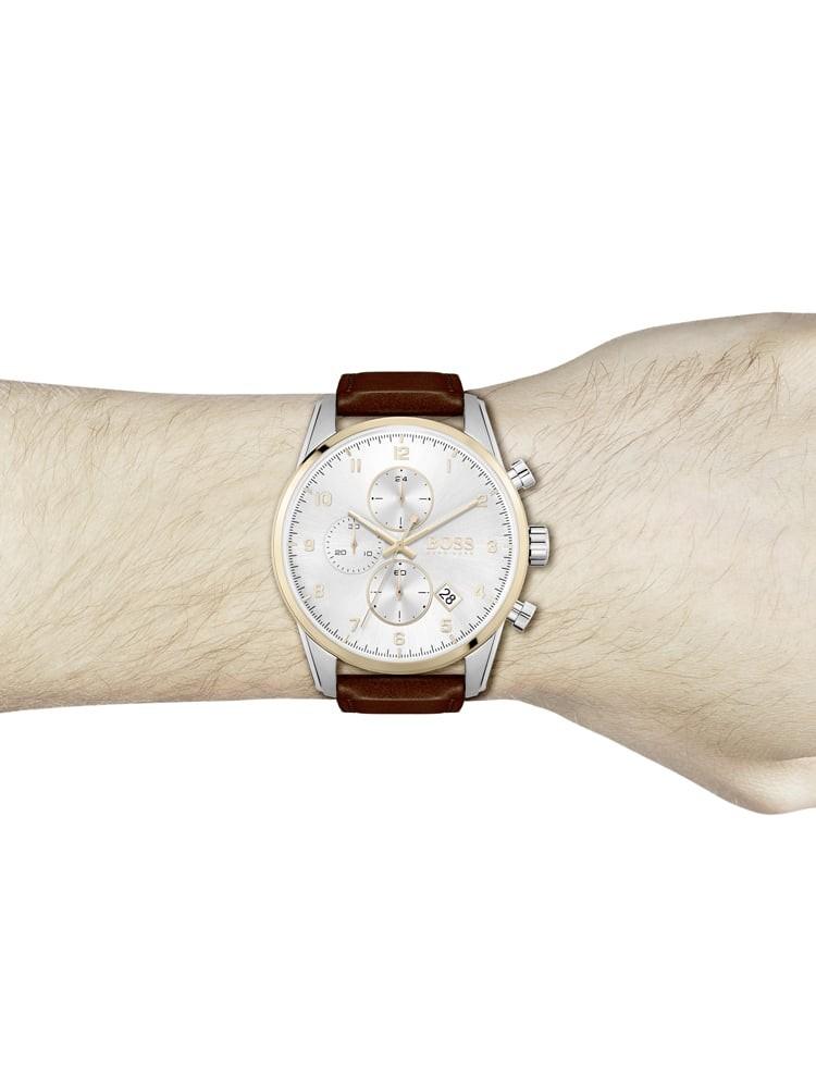 Hugo Boss Skymaster White Dial Brown Leather Strap Watch for Men - 1513786
