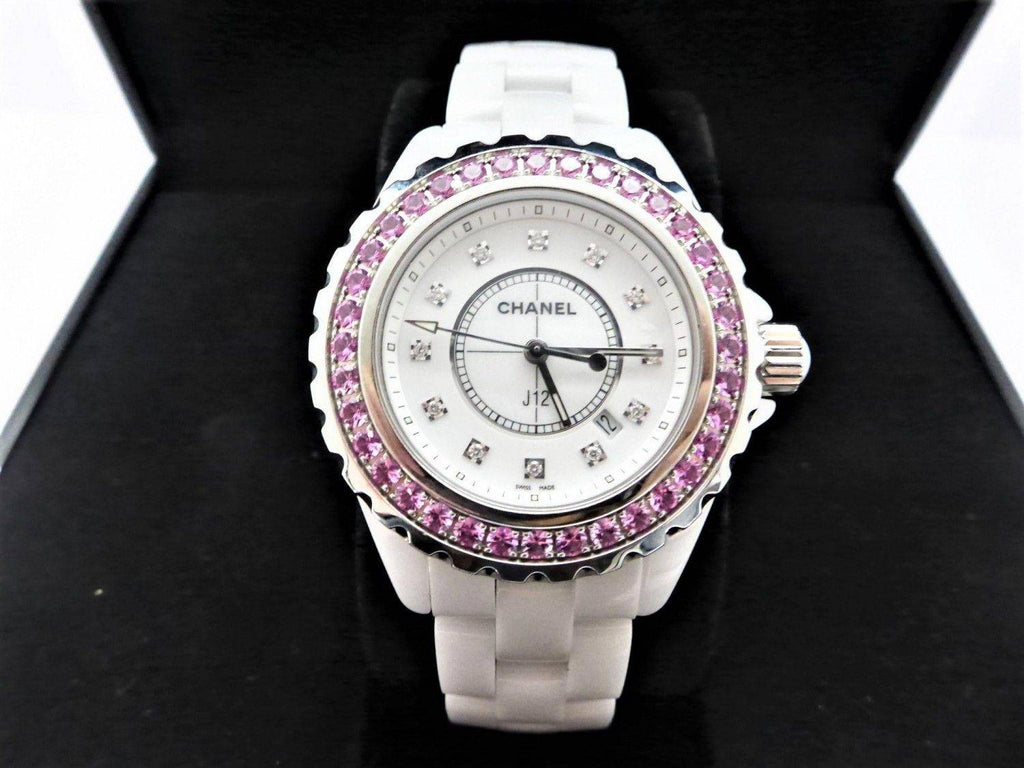 Chanel J12 Sapphire Bezel Ceramic White Dial White Steel Strap Watch for Women - J12 H2010