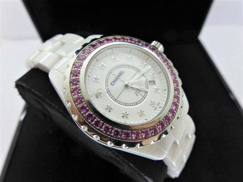 Chanel J12 Sapphire Bezel Ceramic White Dial White Steel Strap Watch for Women - J12 H2010