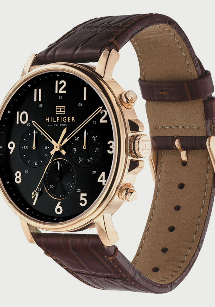 Tommy Hilfiger Daniel Black Dial Brown Leather Strap Watch for Men - 1710379