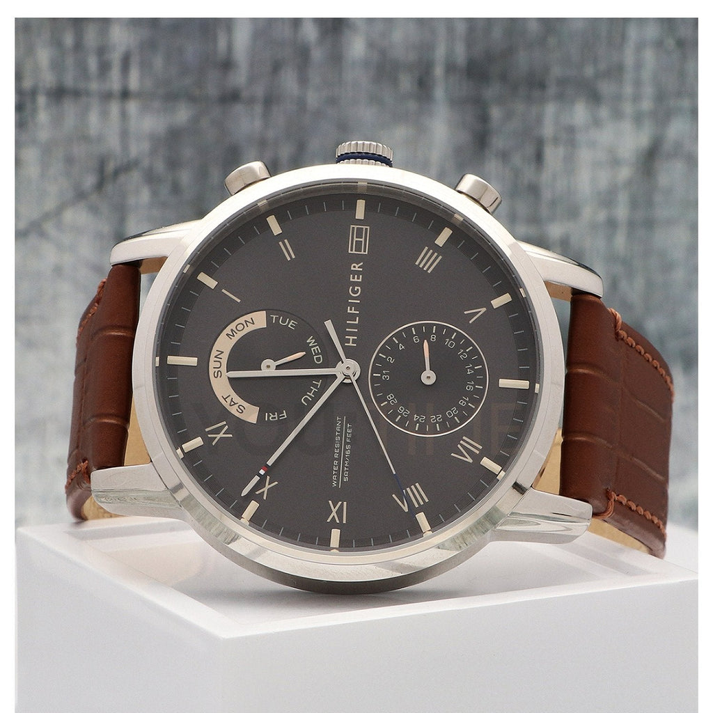 Tommy Hilfiger Kane Grey Dial Brown Leather Strap Watch for Men - 1710398