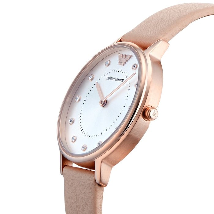 Emporio Armani Kappa Rose Gold & White Dial Beige Nude Leather Strap Watch For Women - AR2510