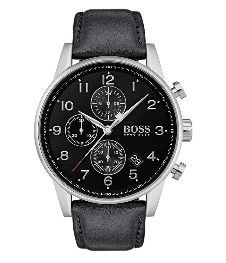 Hugo Boss Navigator Black Dial Black Leather Strap Watch for Men - 1513678