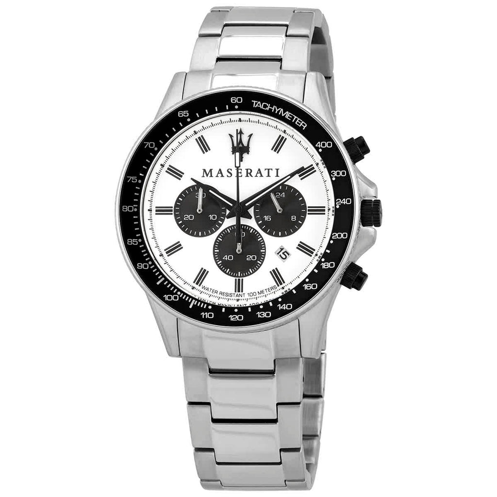 Maserati SFIDA Chronograph White Dial Silver Steel Strap Watch For Men - R8873640003