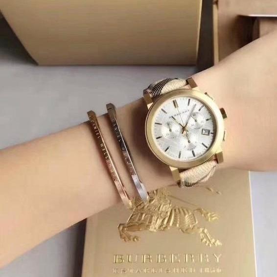 Burberry The City White Dial Haymarket Beige Leather Strap Watch for Women - BU9752
