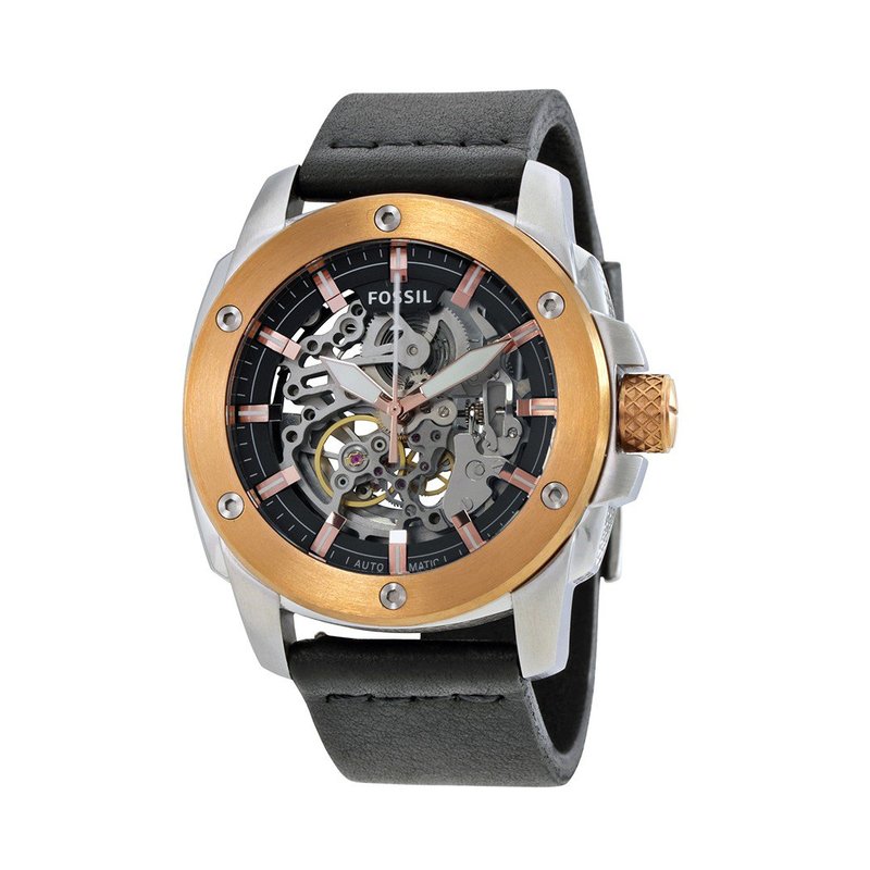 Fossil Modern Machine Automatic Skeleton Dial Black Leather Strap Watch for Men - ME3082