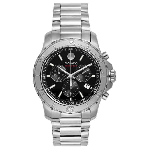 Movado Series 800 Chronograph Black Dial Silver Steel Strap Watch For Men - 2600110