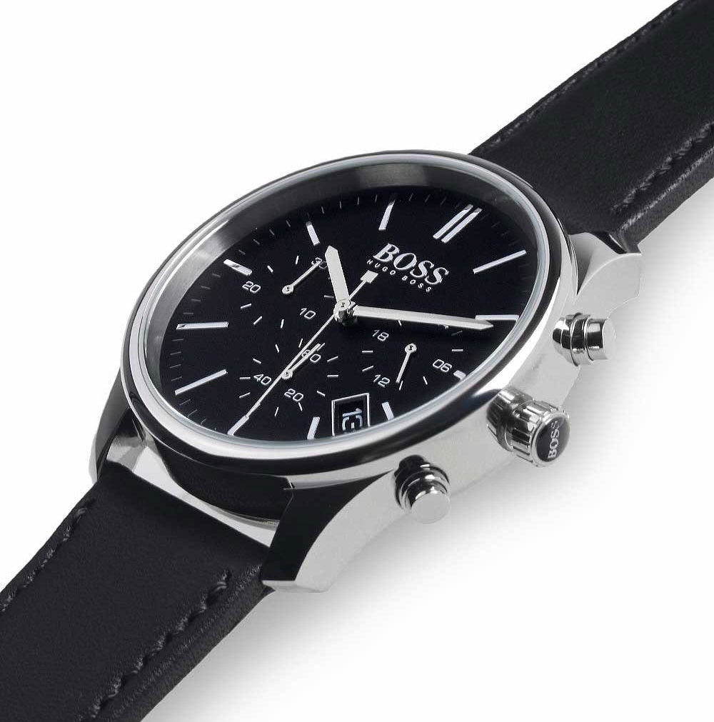 Hugo Boss Time One Chronograph Black Dial Black Leather Strap Watch for Men - 1513430