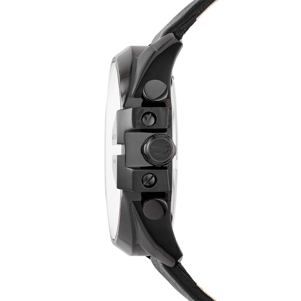 Diesel Mega Chief Chronograph Black Dial Black Leather Strap Watch For Men - DZ4323