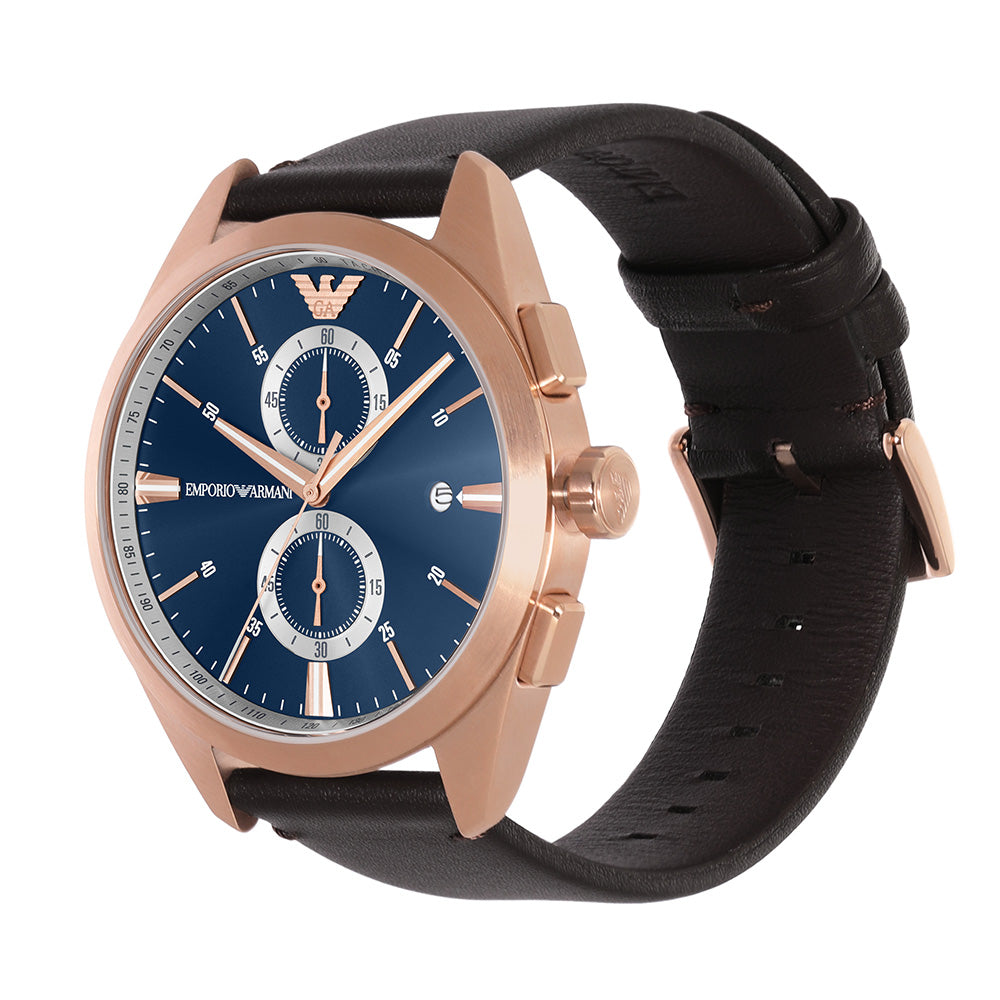 Emporio Armani Claudio Chronograph Blue Dial Brown Leather Strap Watch For Men - AR11554