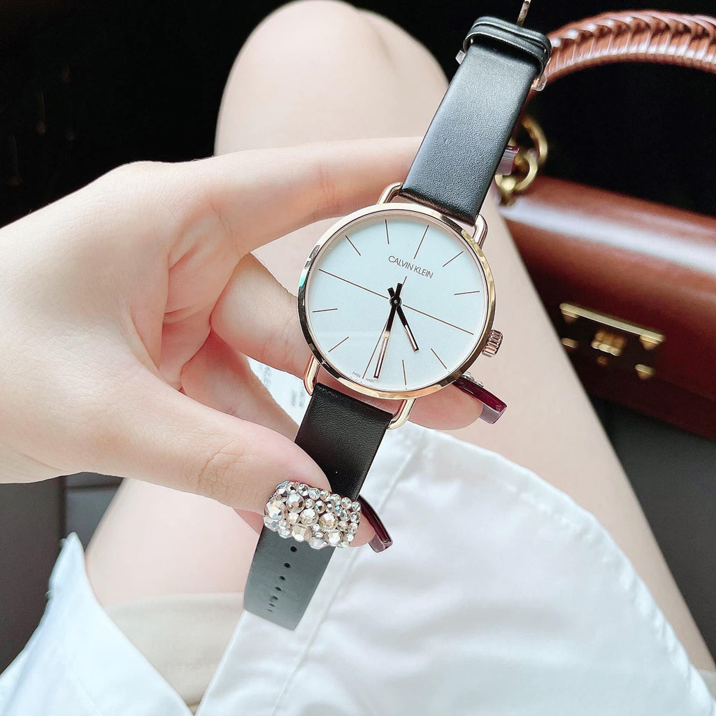 Calvin Klein Even White Dial Black Leather Strap Watch for Women - K7B236C6