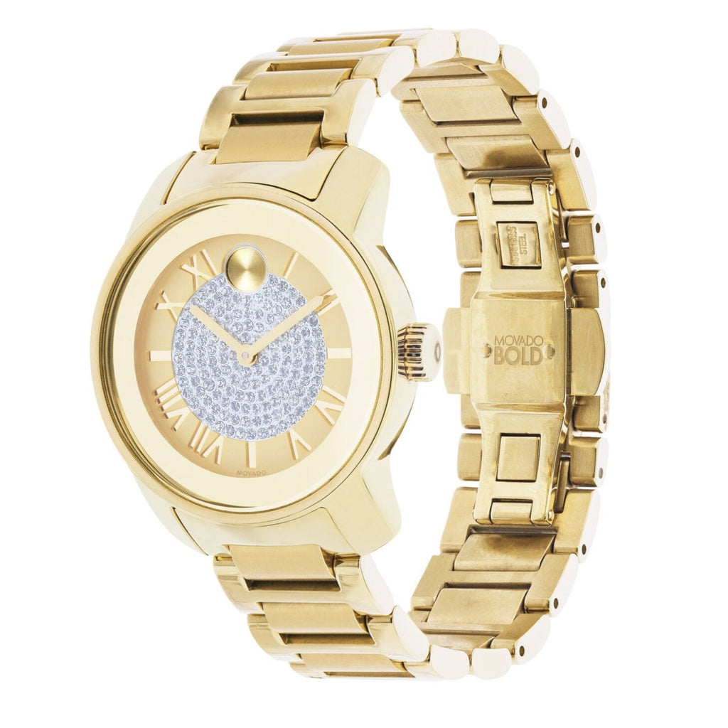 Movado Bold Pave Gold Dial Gold Steel Strap Watch For Women - 3600255