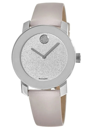 Movado Bold Glitter Silver Dial Pink Leather Strap Watch For Women - 3600522