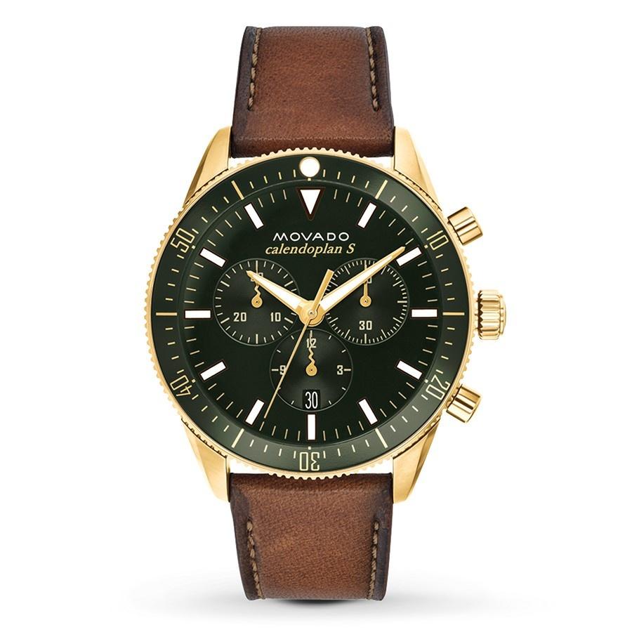 Movado Heritage Chronograph Green Dial Brown Leather Strap Watch For Men - 3650062