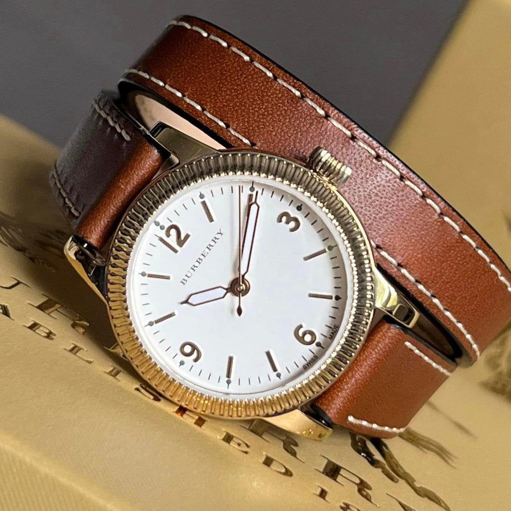 Burberry Utilitarian White Dial Brown Leather Strap Watch for Women - BU7850