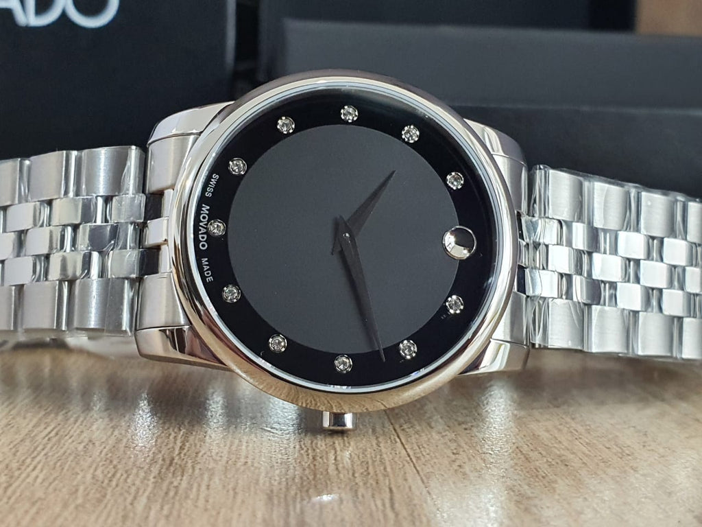 Movado Museum Diamonds Black Dial Silver Steel Strap Watch For Men - 606878