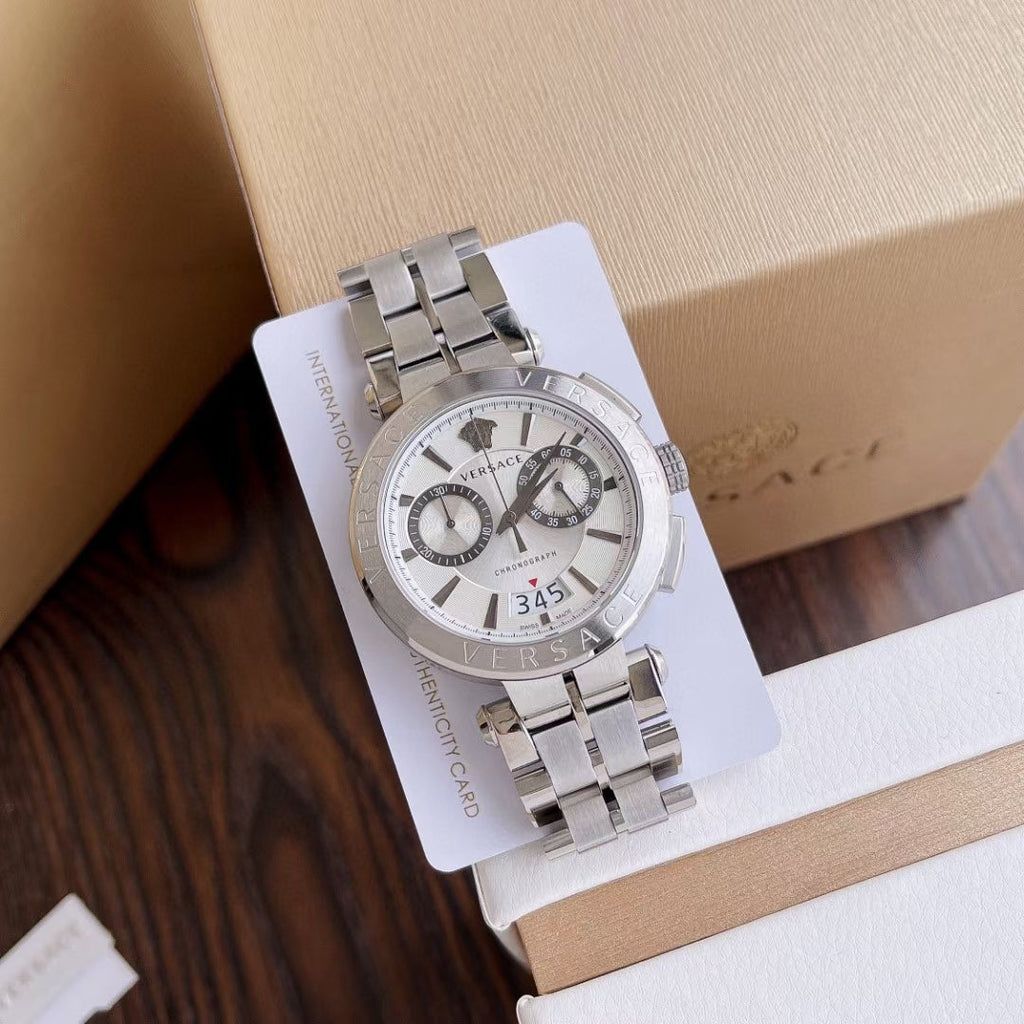 Versace Aion Chronograph White Dial Silver Steel Strap Watch for Men - VBR040017
