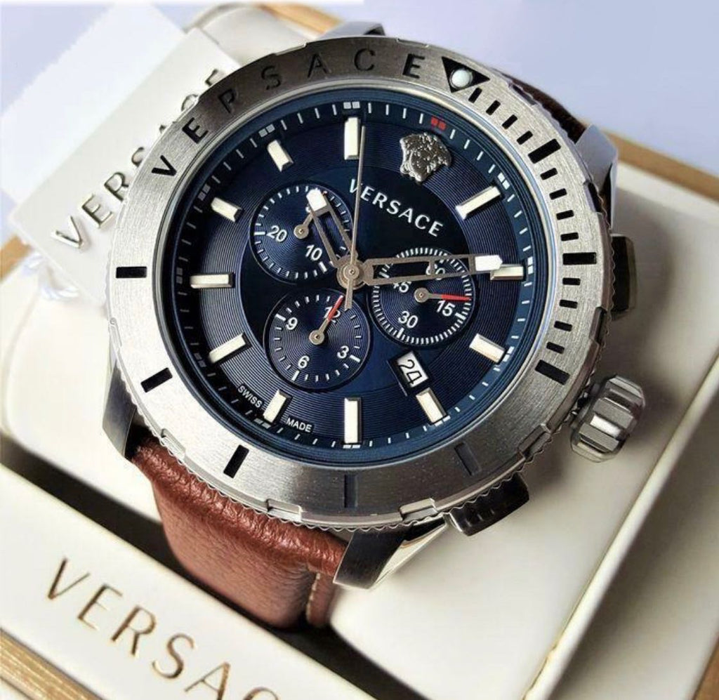 Versace Casual Chronograph Blue Dial Brown Leather Strap Watch for Men - VERG002-18