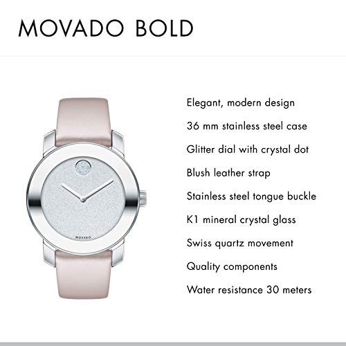 Movado Bold Glitter Silver Dial Pink Leather Strap Watch For Women - 3600522