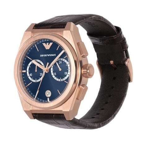 Emporio Armani Claudio Chronograph Blue Dial Brown Leather Strap Watch For Men - AR11554