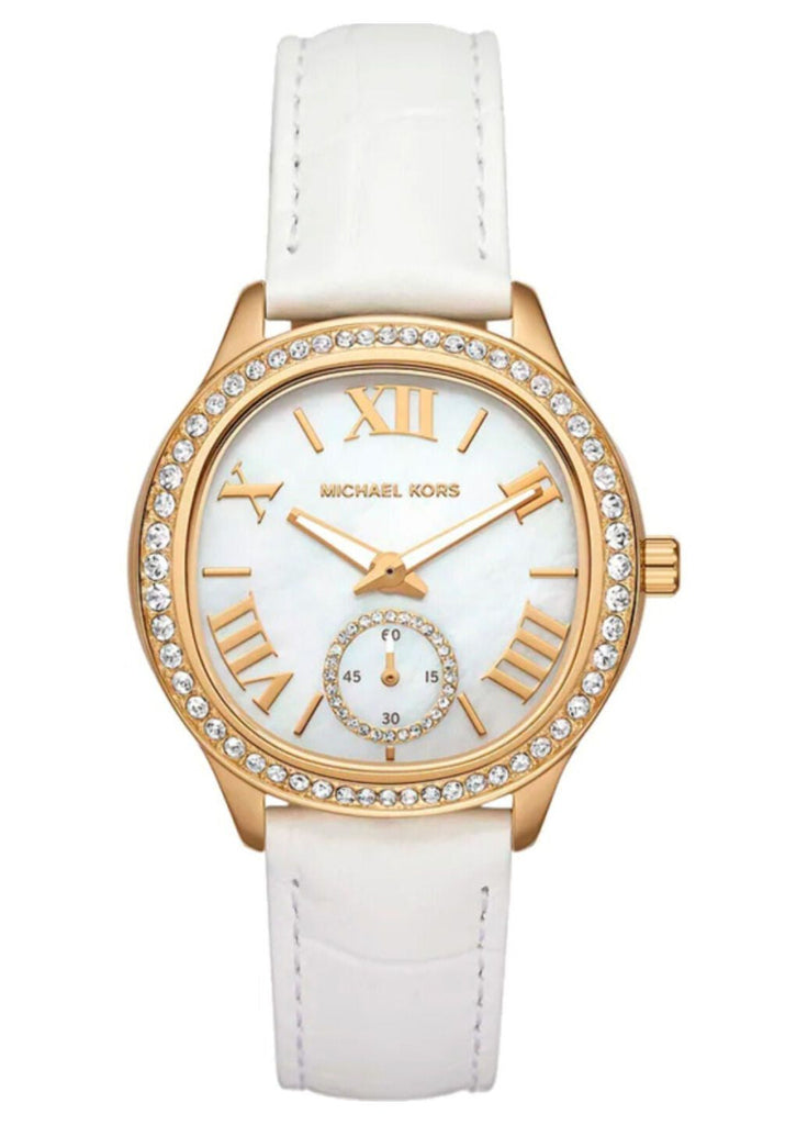 Michael Kors Sage Three-Hand Mother of Pearl White Dial White Leather Strap Watch for Women - MK4818