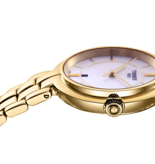 Tissot Flamingo Mother of Pearl White Dial Gold Steel Strap Watch For Women - T094.210.33.111.00