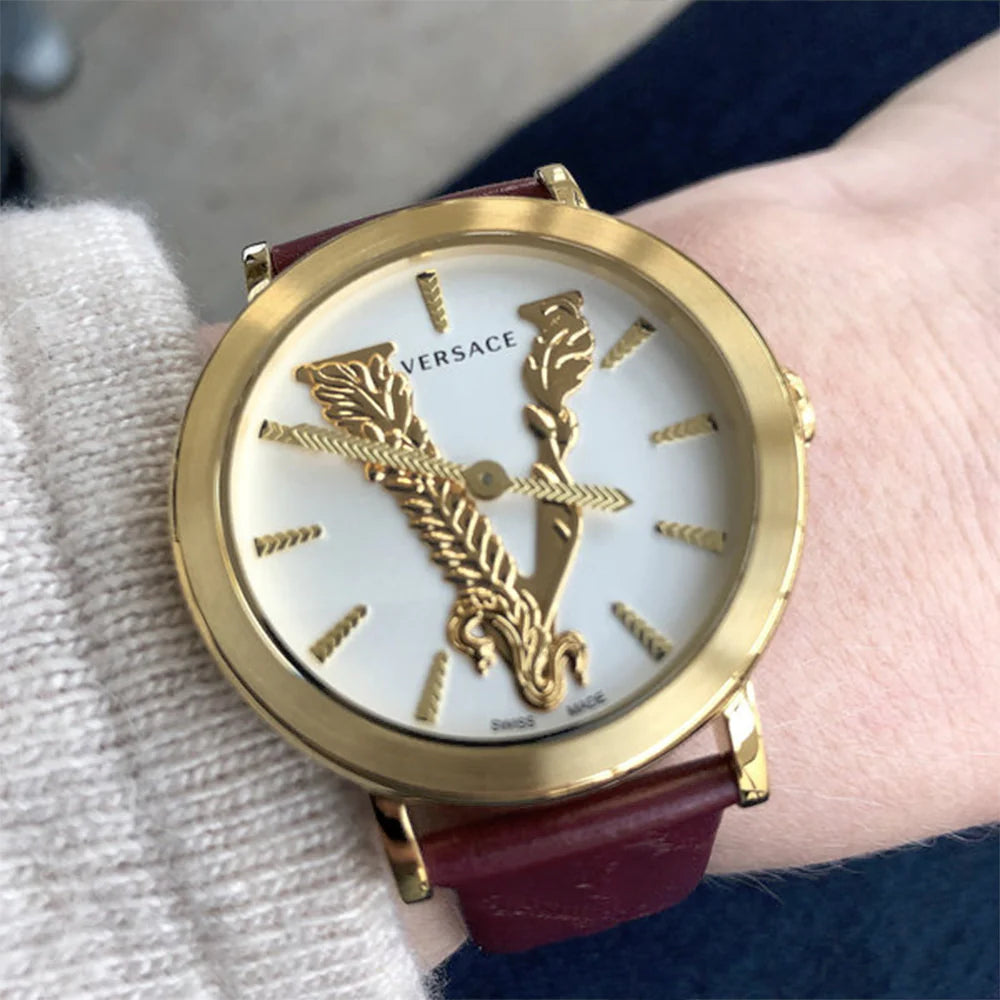 Versace Virtus White Dial Red Leather Strap Watch for Women - VEHC00219