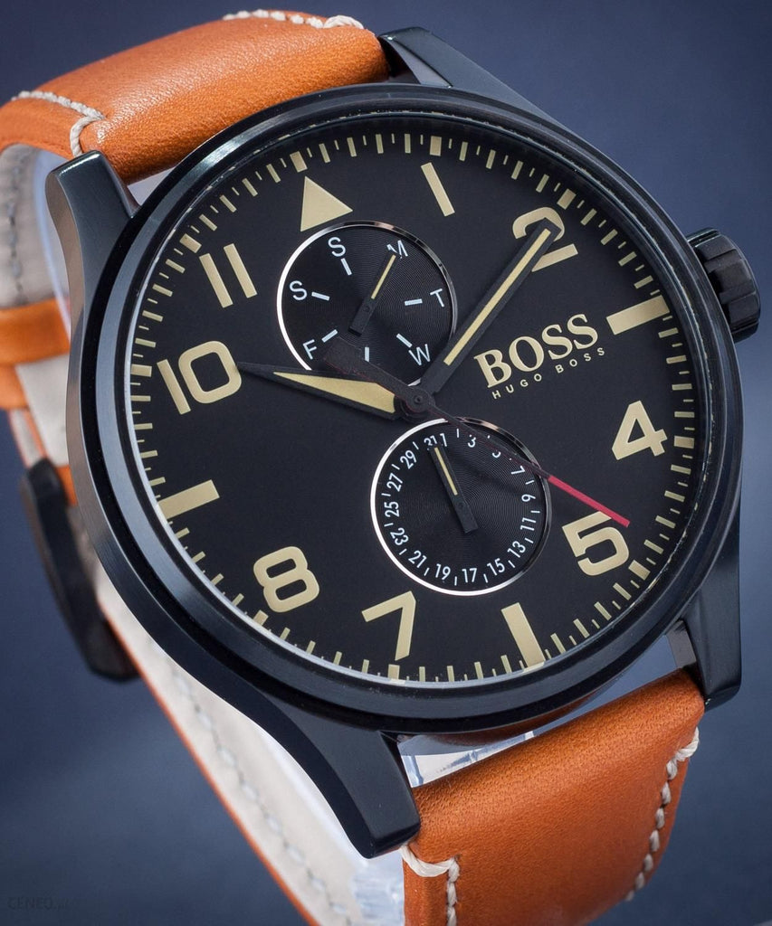Hugo Boss Aeroliner Maxx Chronograph Black Dial Brown Leather Strap Watch For Men - 1513082