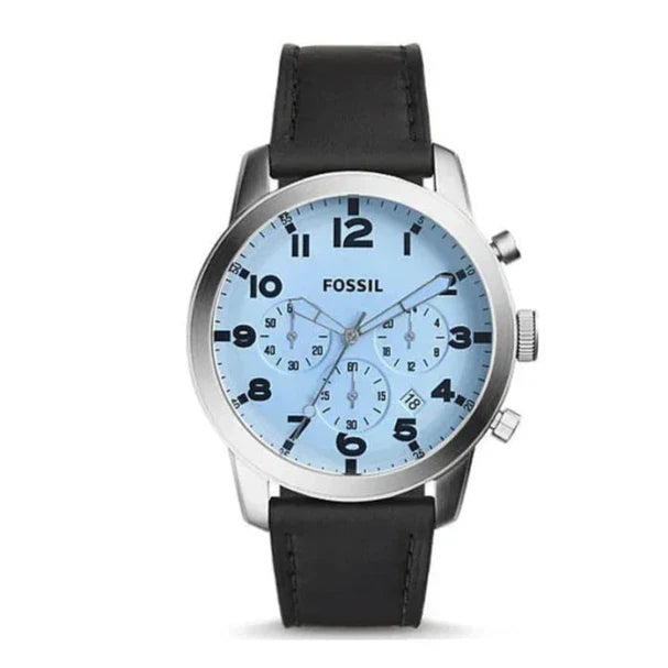 Fossil Pilot Chronograph Sky Blue Dial Black Leather Strap Watch for Men - FS5162