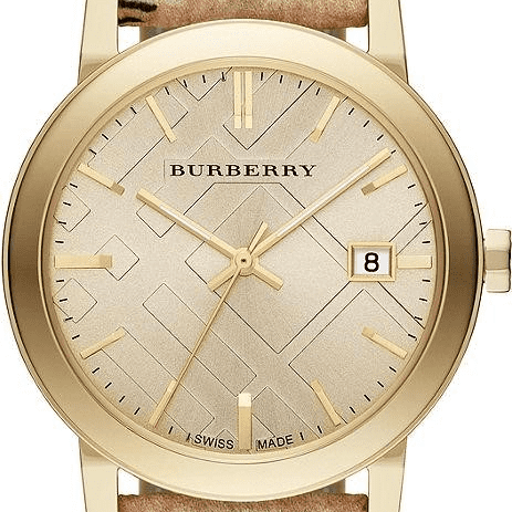 Burberry The City Gold Dial Haymarket Brown Leather Strap Watch for Women - BU9026