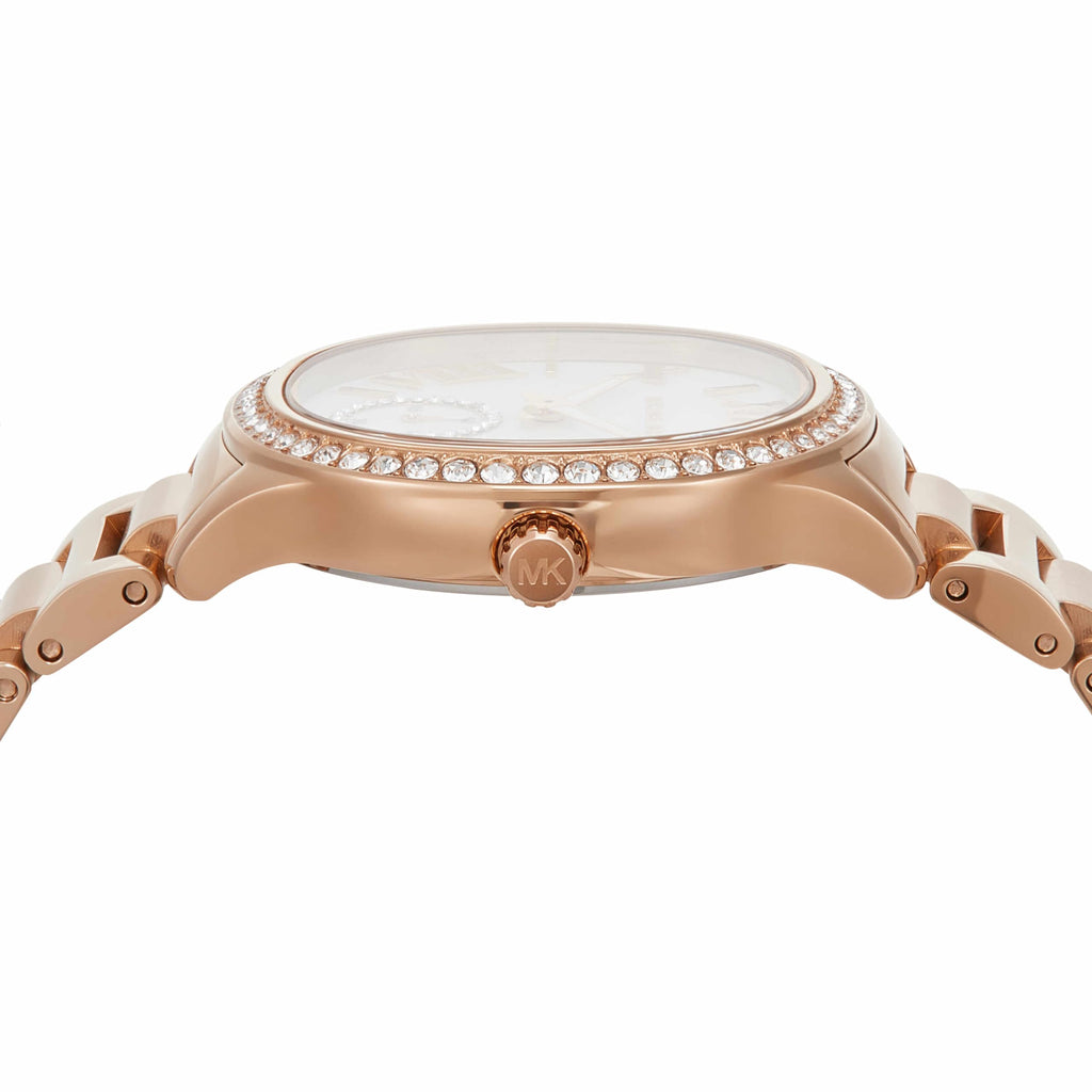 Michael Kors Sage Three-Hand Mother of Pearl White Dial Rose Gold Steel Strap Watch for Women - MK4806