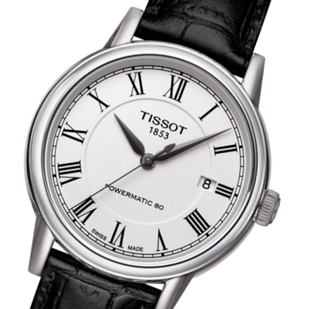Tissot Carson Powermatic 80 White Dial Black Leather Strap Watch For Men - T085.407.16.013.00
