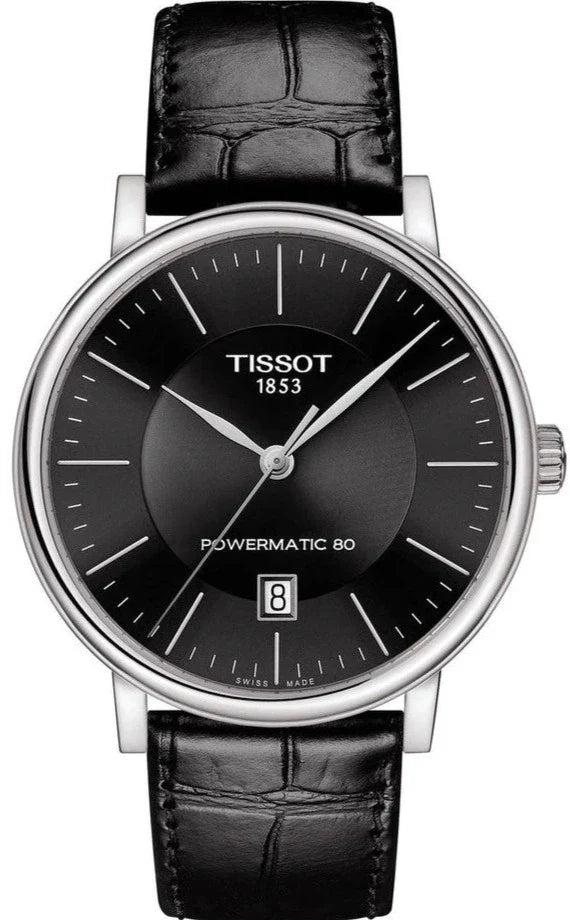 Tissot Carson Premium Powermatic 80 Black Dial Black Leather Strap Watch For Men - T122.407.16.051.00