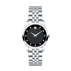 Movado Museum Classic Black Dial Silver Steel Strap Watch For Women - 0606858