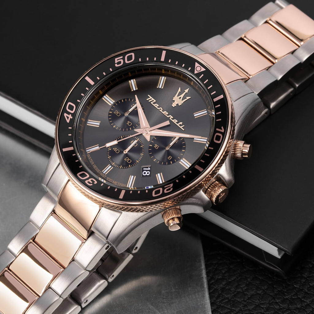 Maserati SFIDA Chronograph Black Dial Two Tone Steel Strap Watch For Men - R8873640002